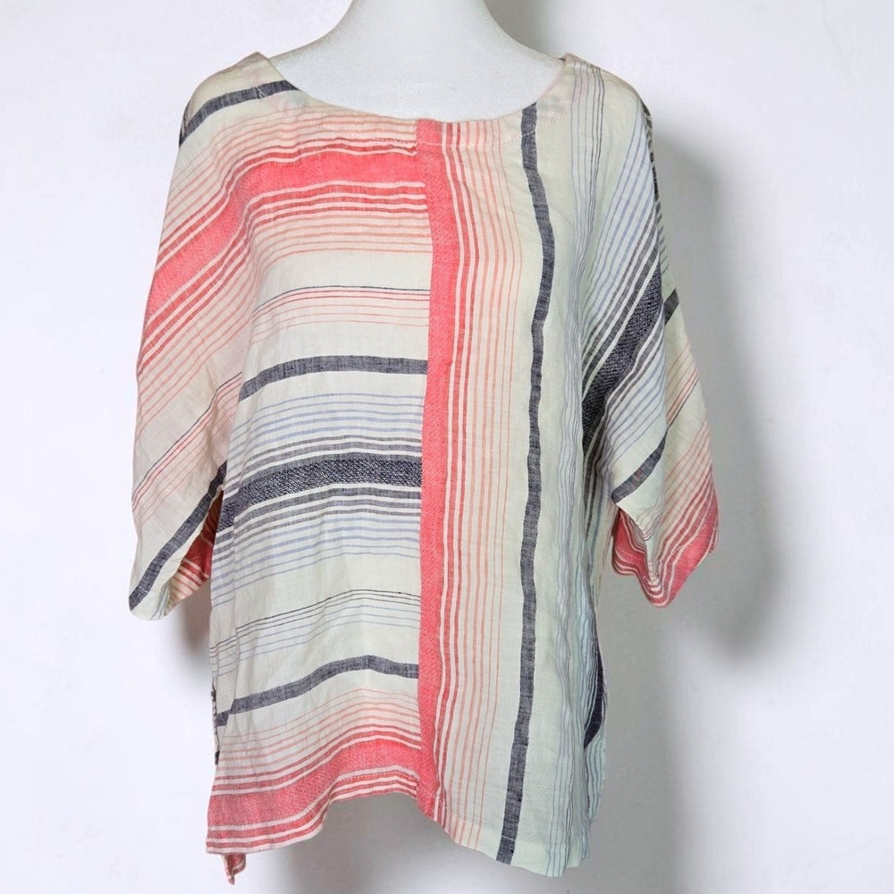 Caslon Womens 100% Linen Striped Boxy Top Coral Navy Blue Cream Size Medium
